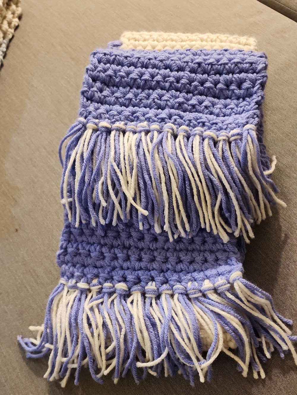 Handknit  Crochet Fringe Scarf in Lavender and Cream